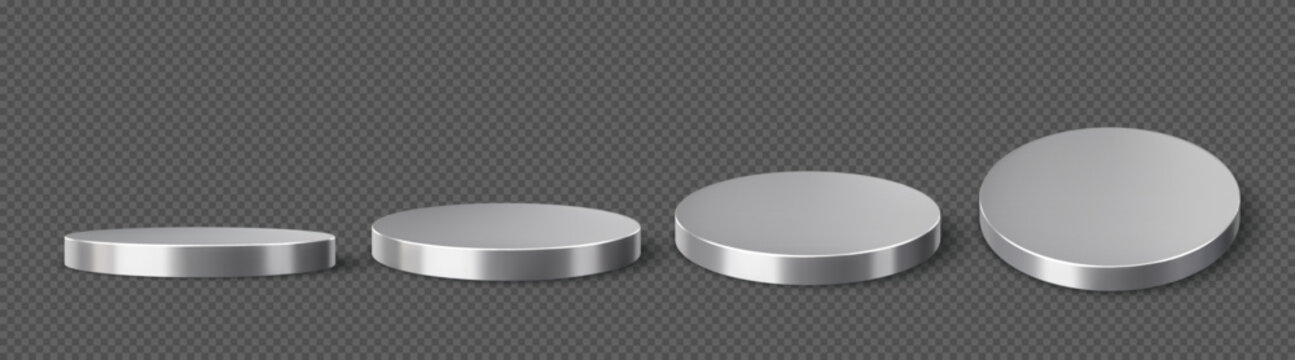 3d round silver podium stage, metal pedestals and platforms for product presentation and display. Vector studio mockup with reflective chrome surfaces for commercial retail and advertising promotion
