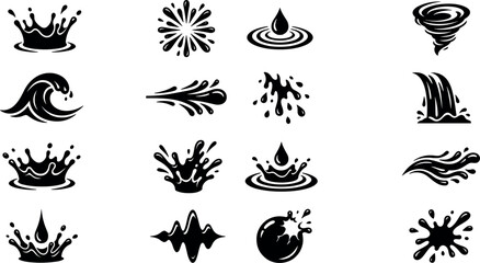 Fototapeta premium Black liquid splash icon set featuring water drops, ocean waves, crown splashes, whirlpool, waterfall, and ink splatters isolated on white background.