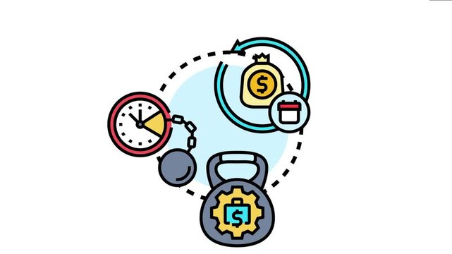 Debt burden relief concept depicts extending payment schedules, symbolized by a clock with a chained weight and money bag within a cyclical arrow, reduced financial pressure