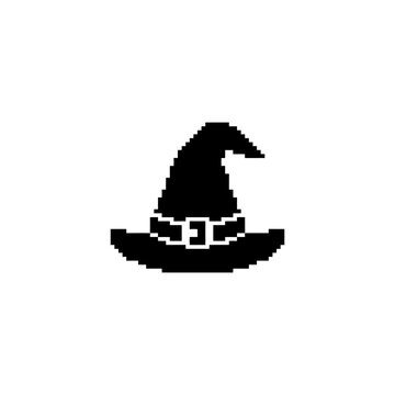 Black pixel art witch hat icon on white.