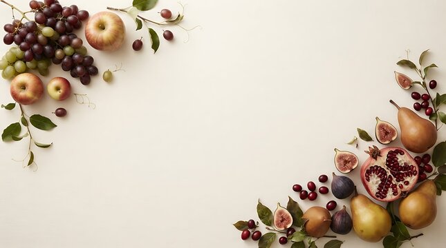 Thanksgiving fruit border with grapes, apples, pears and pomegranate on linen background