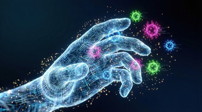 Digital hand with virus particles illustrates vaccine development and genetic engineering research for global health progress