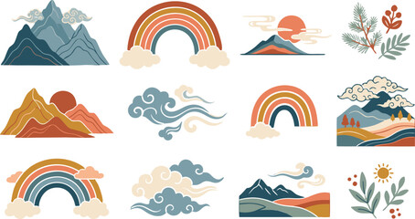 Fototapeta premium Set of abstract boho style illustrations featuring rainbows mountains clouds and floral elements in a modern minimalist artistic design style
