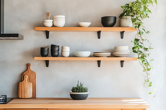 Modern kitchen shelves displaying ceramic dishes and a potted herb plant