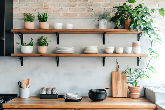 Modern kitchen shelves with plants and dishes, a cozy and organized space