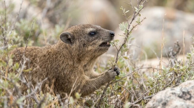 Hyrax Nibbling on Twig: A small, furry hyrax with wide eyes and an open mouth tentatively nibbles on a delicate twig surrounded by dry brush and rocks.