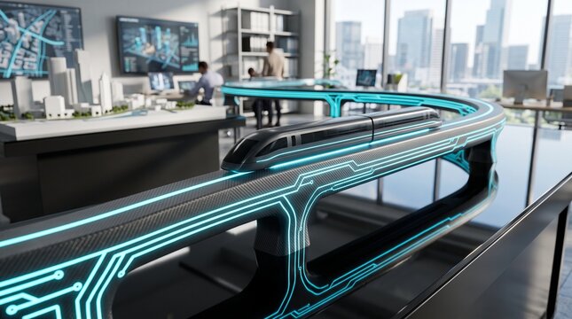 Futuristic model high-speed train on illuminated track in advanced urban planning office