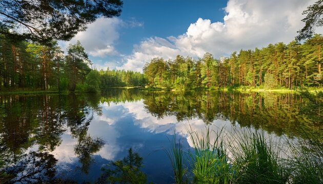 beautiful tranquil forest pond reflecting fluffy clouds and lush green trees
