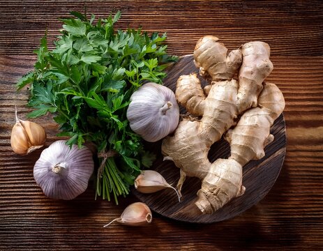 fresh garlic herbs and ginger on rustic wooden tabletop n the perfect natural ingredients for healthy cooking and flavorful meals