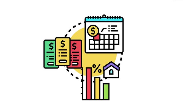 Financial management concept showing a calendar marking recurring payments, bills, a decreasing bar chart expense reduction, and a house icon representing housing costs