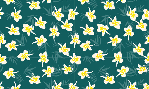 Palm leaves and Plumeria pattern background. Vector cute tropical Hawaiian flower print on dark green background. Cute summer flat texture for backdrop, textile, beach party decor, wallpaper, cover.