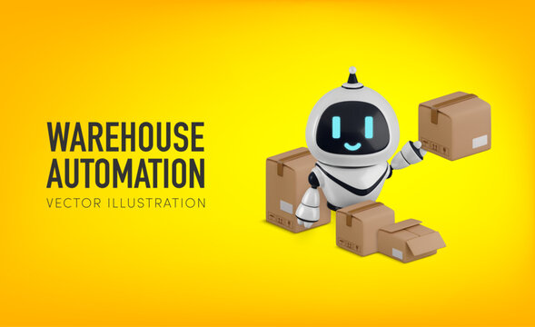 Vector cartoon 3D warehouse bot automation concept. Realistic render of robot handling cardboard boxes for logistics, ecommerce, fulfillment, inventory management, robotic warehouse technology banner.