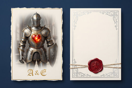 Medieval fantasy wedding invitation mockup set. Vintage greeting card templates with armored knight, glowing red heart, blank copy space, and red wax seal. Digital illustration for romantic events.