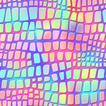 Seamless holographic rainbow crocodile pattern. Reptile skin vector background. Iridescent pastel neon texture. Abstract glossy spotted wildlife shape. Fashion snake decor, wrapping paper, fabric.