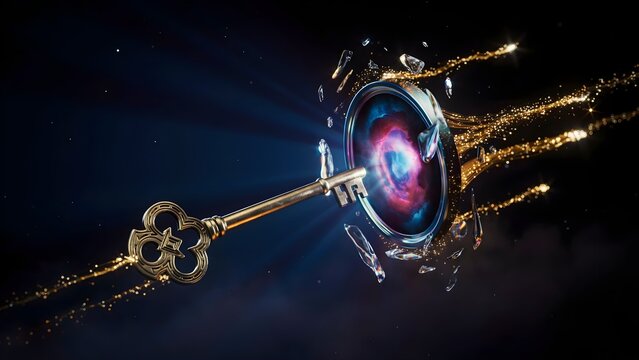 Powerful mindset illustration featuring a glowing key opening a portal to limitless opportunities, creativity, innovation and personal growth flowing outward, premium motivational concept