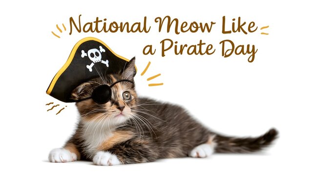 National Meow Like a Pirate Day Concept Cute Calico Kitten Wearing Pirate Hat and Eye Patch Isolated White Background