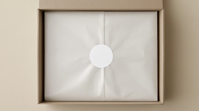 Open cardboard box with a white sticker on crumpled tissue paper