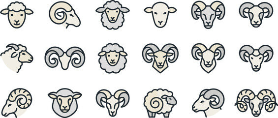 Obraz premium Vector set of sheep and ram head icons featuring horn designs lamb faces and livestock symbols isolated on white background for farm logo