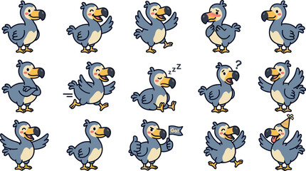 Cute dodo bird character vector set featuring different emotions poses waving running sleeping and celebrating isolated on white background © Abdul
