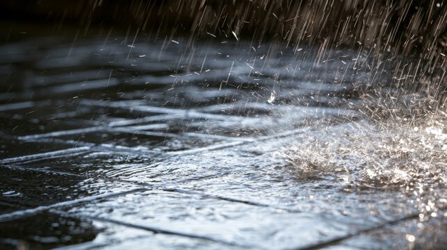 Heavy rain splashing on wet pavement tiles in a city parking lot, close-up view showing stormy weather, water droplets, urban drainage, climate change, vehicle protection and safety concerns
