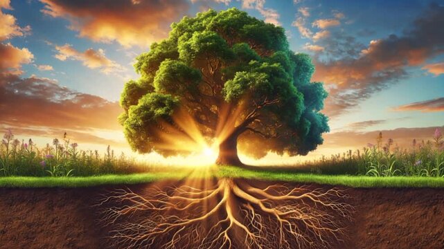 Video of majestic tree stands in a grassy field illuminated by golden sunrise and soft morning mist