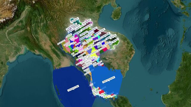 Thailand-Laos border map zoom animation with country labels and river boundary