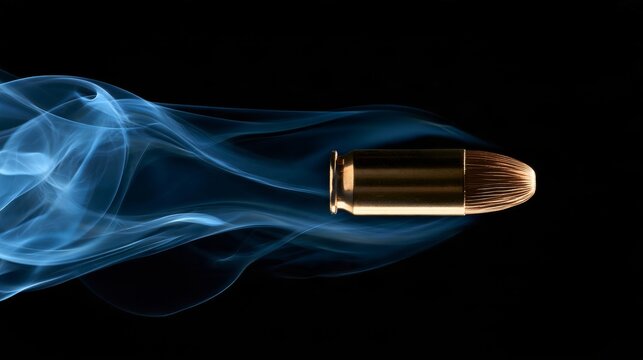 Hollow point handgun bullet with copper plating and blue smoke trail in motion against a black background, illustrating ammunition design, projectile movement, ballistic technology and dramatic motion