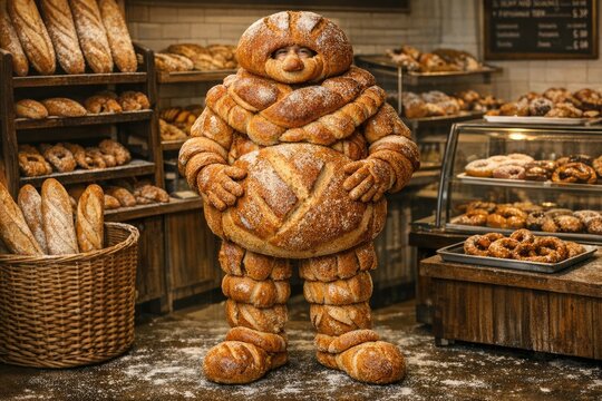 A creative bread sculpture resembling a  bear placed on a bakery counter
