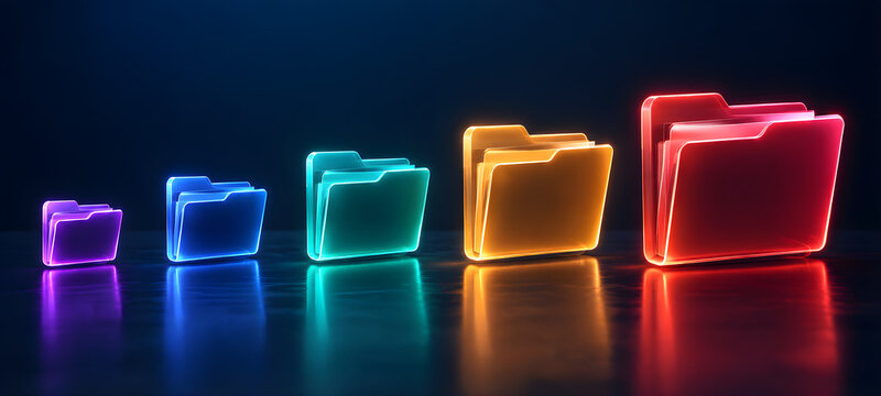 Line of Colorful Glowing Neon Glass File Folders Increasing in Size for Data Storage Concept
