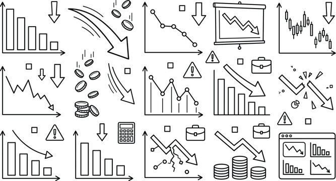 Stock Market Decline Icon Set with Falling Charts, Downward Arrows, Loss, Risk, Financial Analysis, Bearish Trends, and Investment Warning Symbols