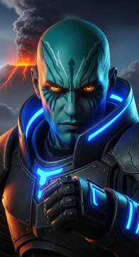 Close up portrait of a menacing alien with glowing eyes, wearing futuristic armor, with a volcano erupting in the background, symbolizing power and destruction
