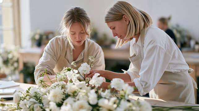 A twenty something florist apprentice learning to construct a sympathy standing spray from a mentor at a worktable covered with white blooms, funeral floral training, professional