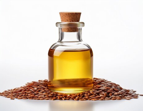 classic glass vial of flaxseed oil isolated on white background