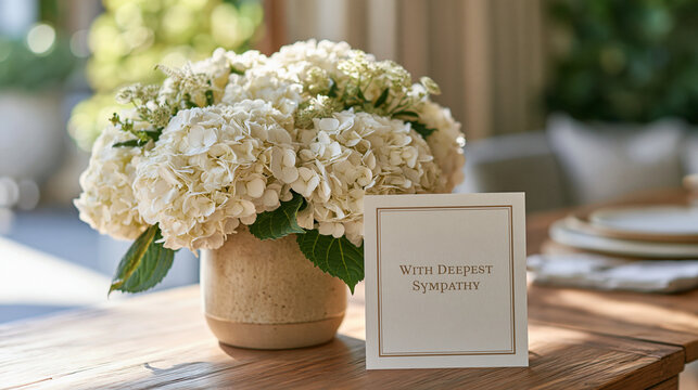 Close up of a condolence flower arrangement card reading "With Deepest Sympathy" tucked among white hydrangea blooms in a ceramic vase on a wooden table, sympathy gift message