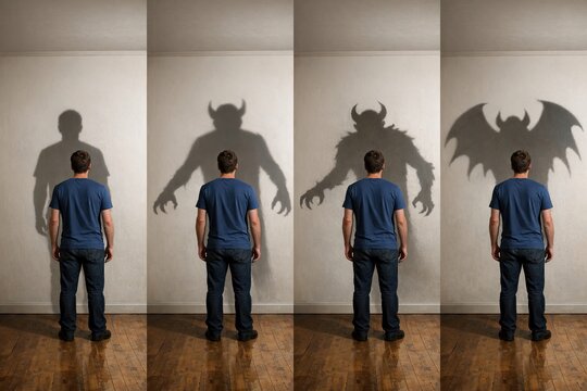 A person standing in front of a darkened surface with a shadowy figure looming behind, suggesting an ominous or supernatural presence