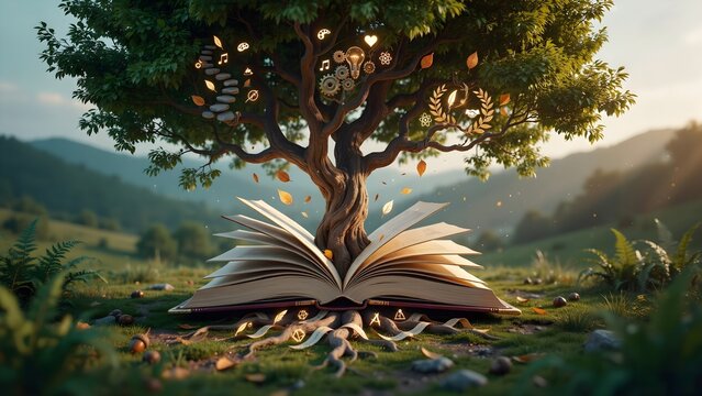 Powerful growth mindset concept featuring a majestic tree growing from an open book, roots formed from knowledge and learning, branches transforming into opportunities