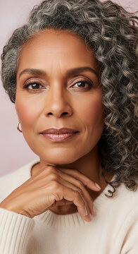 Close-up of a woman's face with curly gray hair and a light sweater, showing thoughtful expression, symbolizing wisdom, grace, and maturity, suitable for lifestyle or beauty concepts.