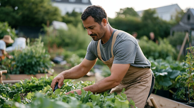 A gardener weeding a community allotment in the rain without stopping, fully absorbed, therapeutic persistence, outdoor mental health therapy, resilience through routine, rain