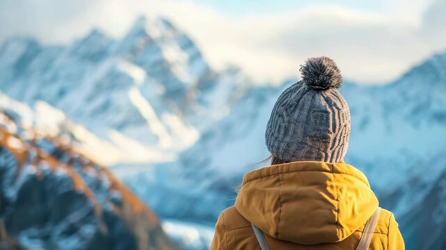 A woman with her back turned is admiring a scenic mountain range with snow-covered peaks in the distance. She's wearing a knitted cap and a bright yellow jacket while enjoying a peaceful winter day.