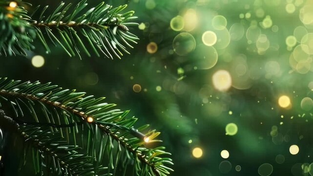 Close-up of verdant evergreen branches adorned with tiny, warm lights. The background is a soft blur of gold and green bokeh, creating a festive and magical atmosphere.