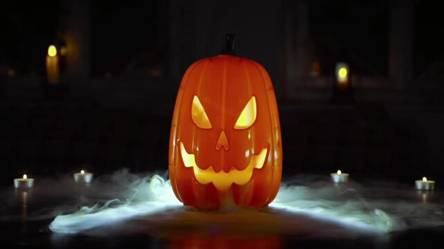 A bright orange Halloween pumpkin (jack-o'-lantern) with a carved, spooky face glowing from within. It sits on a dark surface, surrounded by thick smoke creeping along its base.