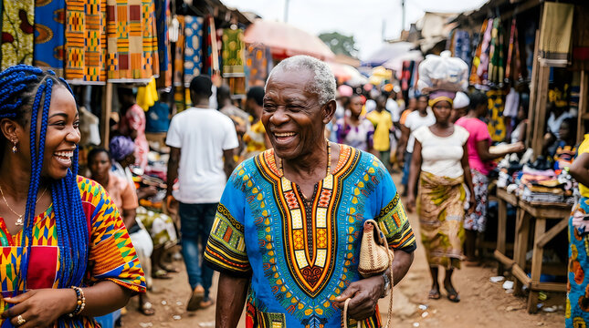 Happy elderly african man wearing traditional patterned clothing walking through a busy vibrant outdoor market in ghana
