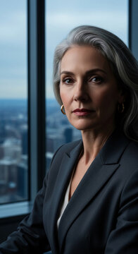Portrait of an elegant mature woman with grey hair and a suit, symbolizing professionalism and success, set against an urban backdrop.
