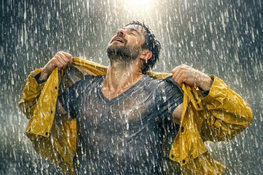 A person braving the rain with their coat open, perfect for capturing scenes of daily life or adding drama to your story,