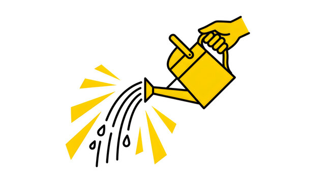 A hand holding a yellow watering can pouring water on plants in a simple cartoon illustration style