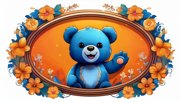 cute blue teddy bear waving hello inside decorative orange frame with flowers