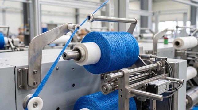 Blue yarn spool on industrial textile machine in modern factory. Thread winding process in fabric manufacturing production.