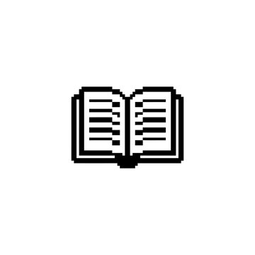 Open book pixel art icon in black and white.