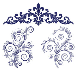 Ornate fleur de lis header and botanical scroll accents for classical decorative composition. © Designbundle