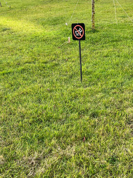 A grassy field with a no trespassing sign prominently displayed. The vibrant green grass contrasts with the black and red sign. This scene emphasizes property rights and land management.
